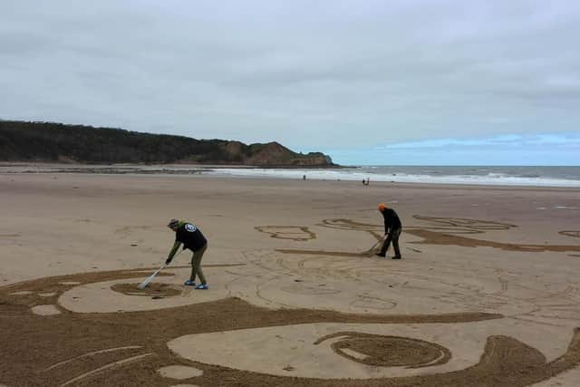 The 50-metre sand drawing shows a seal surrounded by plastic
