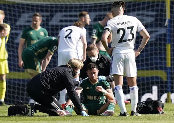 Sheffield United's George Baldock suffered a head injury during  last weekend's Yorkshire derby against Leeds United at Elland Road. Picture: Andrew Yates/Sportimage