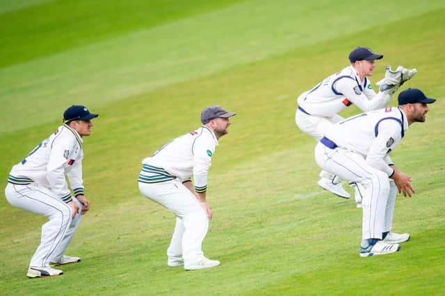 SAFE PAIRS OF HANDS:  Yorkshire's slip corden of Tom Kohler-Cadmore, left, Adam Lyth, Will Fraine & wicket-keeper Jonathan Tattersall. Picture by Allan McKenzie/SWpix.com