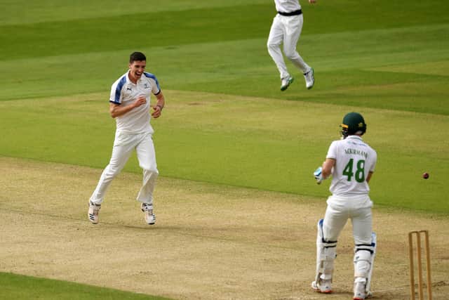 Matthew Fisher celebrates taking the wicket of Leicestershire's Colin Ackermann last summer. Picture : Jonathan Gawthorpe