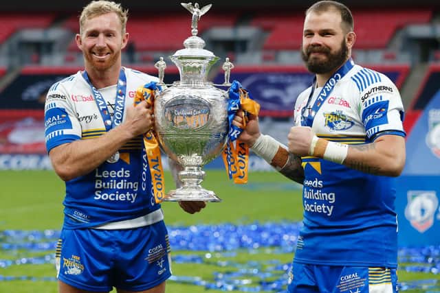 Leeds Rhinos' Adam Cuthbertson, right, with Matt Prior after winning Challenge Cup in 2020. (Ed Sykes/SWpix.com)