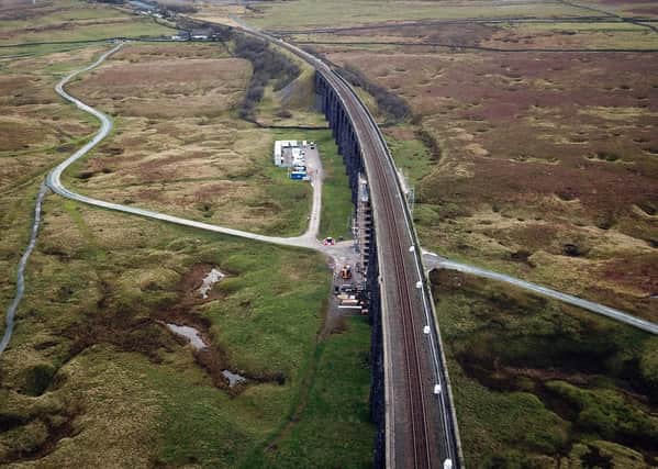 An aerial view of engineering work on the Ribblehead Viaduct.