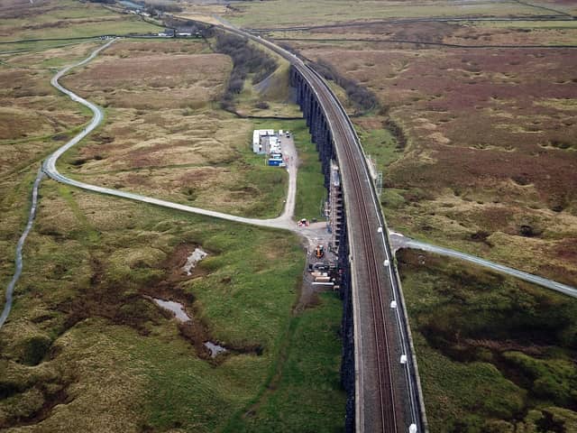 An aerial view of engineering work on the Ribblehead Viaduct.