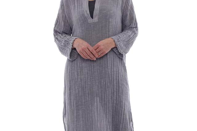 Angela weara Made in Italy exclusive Stowe washed linen dress, in charcoal, £53; Kit and Kaboodal Cwenca flatforms, vegan leather, £44.95