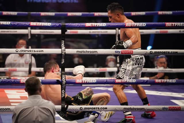 LOW BLOW: 
Josh Warrington being knocked out by Mauricia Lara in February this year. Picture courtesy of Dave Thompson/Matchroom Boxing.