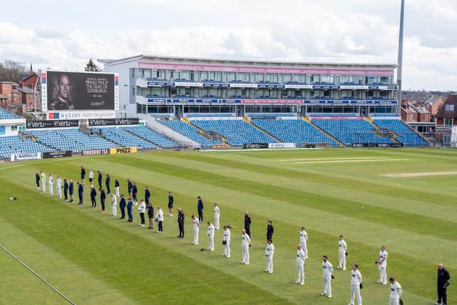 RESPECTS: Players from Yorkshire & Glamorgan stand for a two-minute silence in memory of His Royal Highness Prince Philip The Duke of Edinburgh who has died at the age of 99. Picture by Allan McKenzie/SWpix.com