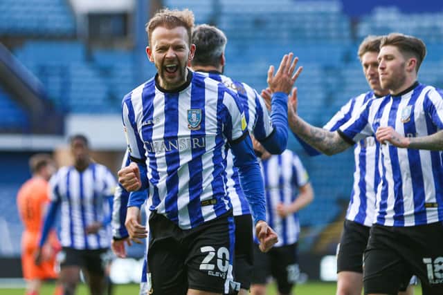 Rhodes to recovery: Sheffield Wednesday's Jordan Rhodes (left) celebrates scoring during the 5-0 win over Cardiff City. Picture: Isaac Parkin/PA Wire.