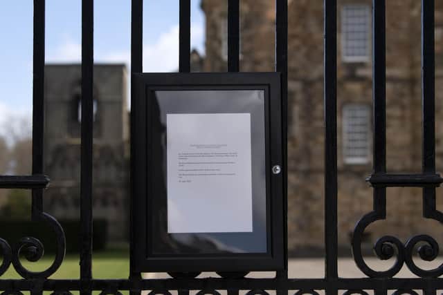 A notice on the gates of the Palace of Holyroodhouse in Edinburgh announcing the death of the Duke of Edinburgh