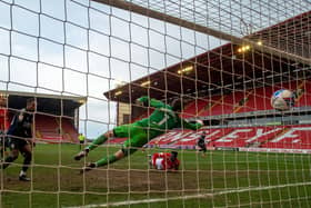 Daryl Dike scores Barnsley's second goal versus Middlesbrough. PICTURE: BRUCE ROLLINSON.