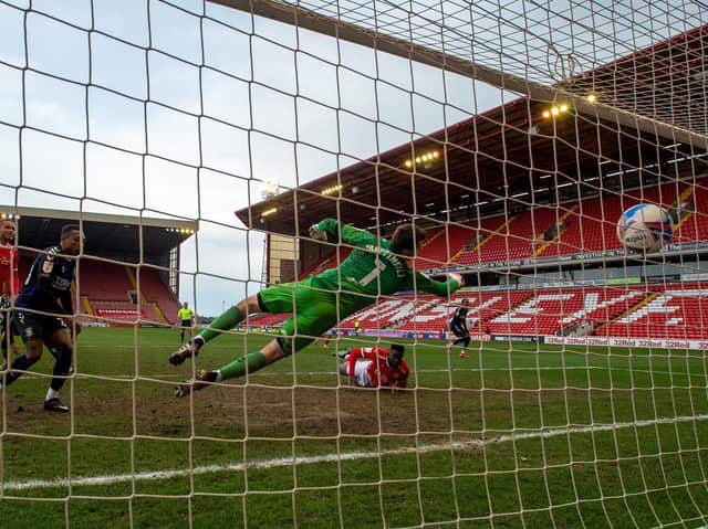 Daryl Dike scores Barnsley's second goal versus Middlesbrough. PICTURE: BRUCE ROLLINSON.