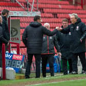 Barnsley head coach Valerien Ismael exchanges pleasantries with Middlesbrough rival Neil Warnock. PICTURE: BRUCE ROLLINSON.