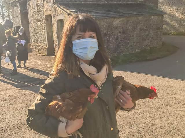 Rebecca Ward-Dooley supplied four of her rescue hens at the last minute