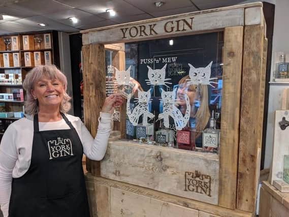 Jo Hird and Susannah Baines of York Gin showing off the York Gin shops Pus n Mew machine.