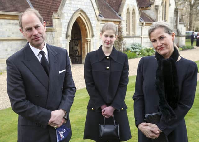 The Earl and Countess of Wessex, with their daughter Lady Louise Windsor, as they paid tribute to Prince Philip.