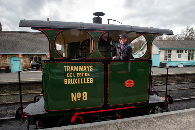 Paul 'Piglet' Middleton and his award winning restoration of a 1890 Brussels steam tram named Lucie, Cockerill Vertical Boiler steam locomotive, Grosmont Station.
8th April 2021.  Picture Bruce Rollinson