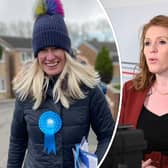 Left, Conservative Party co-chairman Amanda Milling on a visit to Yorkshire, and right, Labour deputy leader Angela Rayner, launching the party's local election campaign. Photos: CCHQ/PA