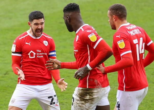 Celebrations: Barnsley's scorers against Middlesbrough, Alex Mowatt and Daryl Dike. Picture: PA