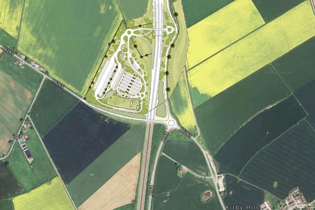 An aerial view of the proposed A1M service station at Kirby Hill now approved by a Government planning inspector following a public inquiry.