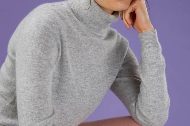 Cashmere polo neck sweater in foggy, £169, from Loop Cashmere.