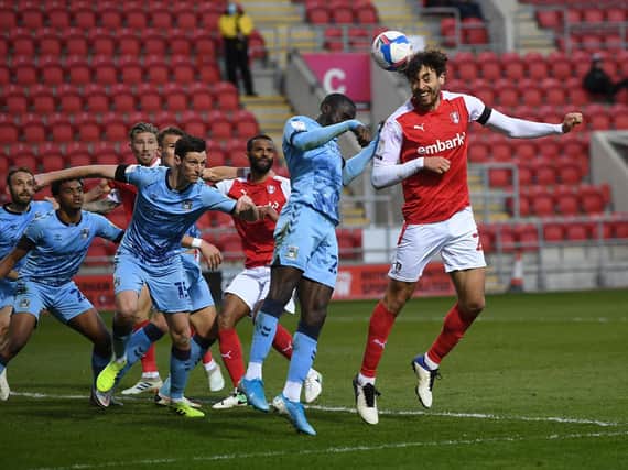 Rotherham United's Matt Crooks gets ahead of Coventry City's defence in Thursday evening's game. Picture: Jonathan Gawthorpe.