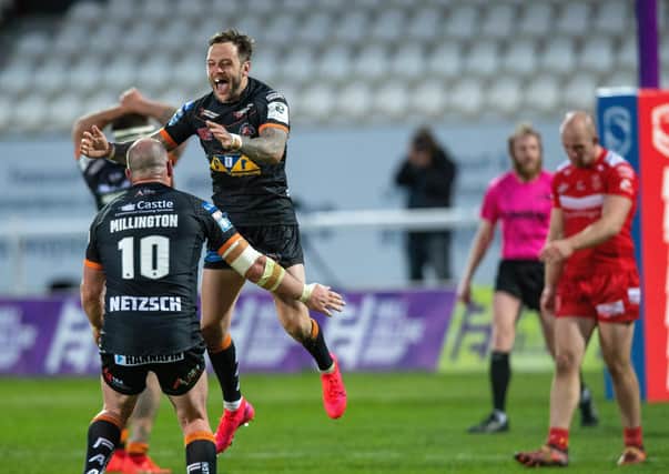 Gareth O'Brien celebrates scoring the Golden Point to take Castleford Tigers through to the next round of the Challenge Cup at the expense of 
Hull KR (Picture: Bruce Rollinson)