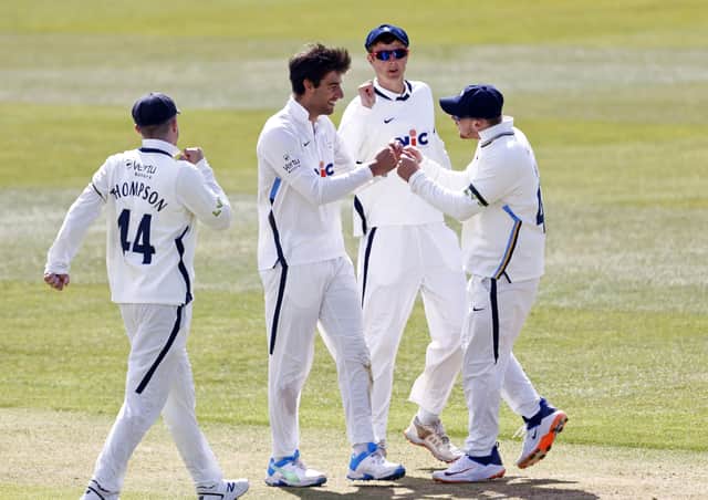 Yorkshire's Duanne Olivier is congratulated after bowling Zak Crawley during Day 2 of the LV=Insurance County Championship game between Kent and Yorkshire at the Spitfire Ground, Canterbury (Picture: Max Flego)