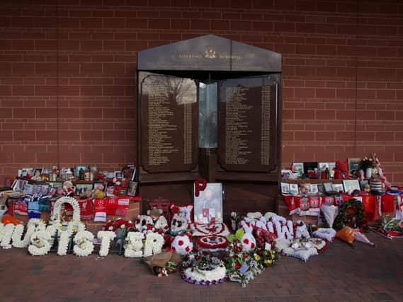 Floral tributes at the Hillsborough Memorial ahead of the 32nd anniversary of the Hillsborough disaster.