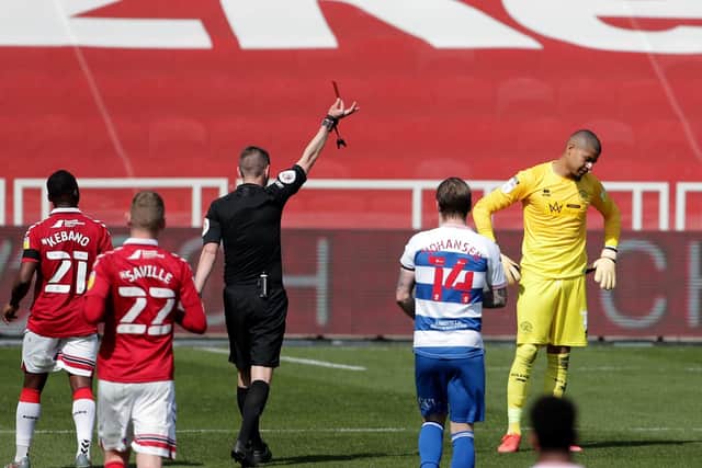 Queens Park Rangers goalkeeper Seny Dieng is sent off during the Sky Bet Championship match at Middlesbrough. (Picture: PA)
