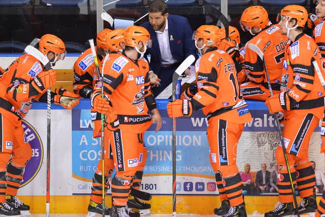 Sheffield Steelers' coach Aaron Fox instructs his players during a late timeout in Sunday's defeat to Manchester. Picture courtesy of Dean Woolley.