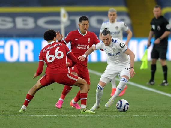 Leeds United winger Jack Harrison takes on Liverpool's Trent Alexander-Arnold. Picture: Simon Hulme.