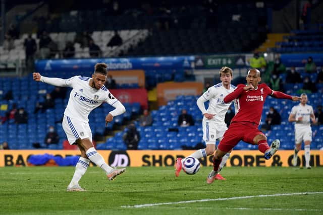Leeds United's Tyler Roberts fires in a shot on the Liverpool goal. Picture: Simon Hulme