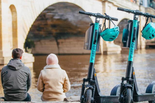 Another fifty of the two-wheeled vehicles with small electric motors, which operate in more than 100 cities around the world, have been deployed in York today. Photo credit: TIER