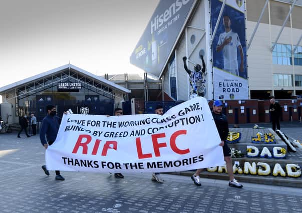 Fans gather to protest against the European Super League outside Elland Road on Monday (Picture: Simon Hulme)