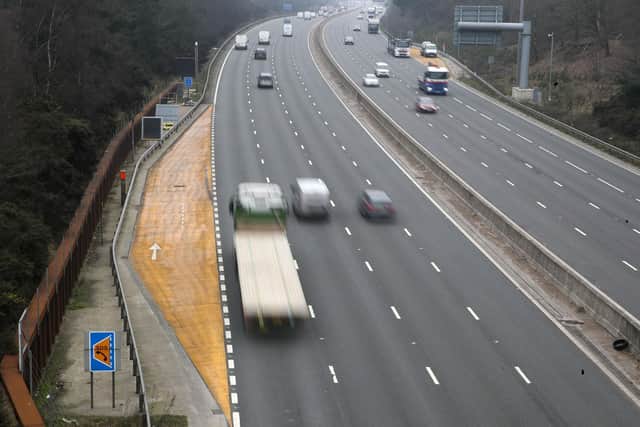 A emergency refuge area on the M3 smart motorway near Camberley in Surrey. The motorways have no hard shoulder for emergencies, and use technology to close off lanes. Pic: PA
