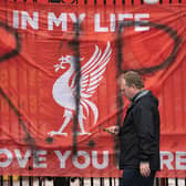 A banner is seen outside Liverpool's Anfield Stadium after the collapse of English involvement in the proposed European Super League.  (AP Photo/Jon Super)