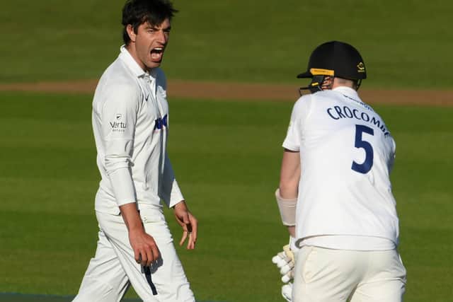 Yorkshire's Duanne Olivier celebrates after dismissing Henry Crocombe.  (Photo by Mike Hewitt/Getty Images)