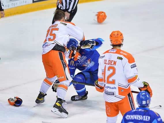 IN THE BOX: Robert Dowd was handed a five-minute fighting major for tussling with Coventry's Max Krogdahl in the third period, the defenceman also getting two minutes for cross-checking. Picture courtesy of Dean Woolley.