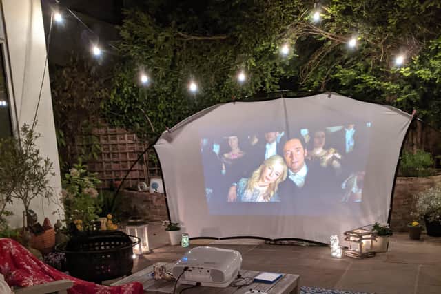 Melissa Abbott's home near Ripon - the garden becomes an outdoor cinema with an event frame sceen and projector.