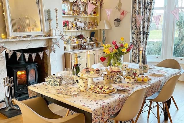 Melissa Abbott's home near Ripon - the lovely light and airy dining area, part of the opened-up kitchen-diner, is decked out for a family birthday tea using pots and accessories from Emma Bridgewater.