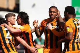 GOAL: Josh Magennis celebrates opening the scoring from a cross by Lewie Coyle (left)
