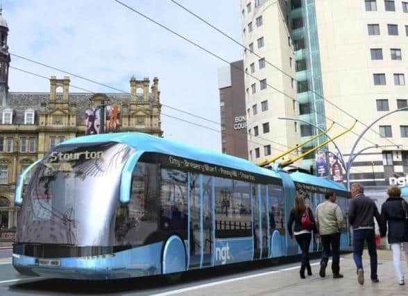 An artist's impression of a Leeds Trolleybus in 2016.