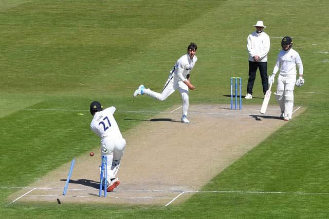 Tom Clark of Sussex is bowled by Yorkshire's Duanne Olivier.  (Photo by Mike Hewitt/Getty Images)
