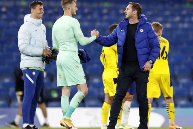 Barnsley goalkeeper Brad Collins shakes hands with Chelsea manager Frank Lampard after the Carabao Cup third round match last September. Picture: Alastair Grant/NMC Pool/PA
