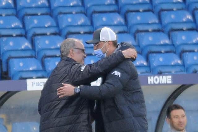 STUCK IN THE MIDDLE WITH YOU: Marcelo Bielsa and Jurgen Klopp on the touchline at Elland Road on Monday night. Picture: Simon Hulme
