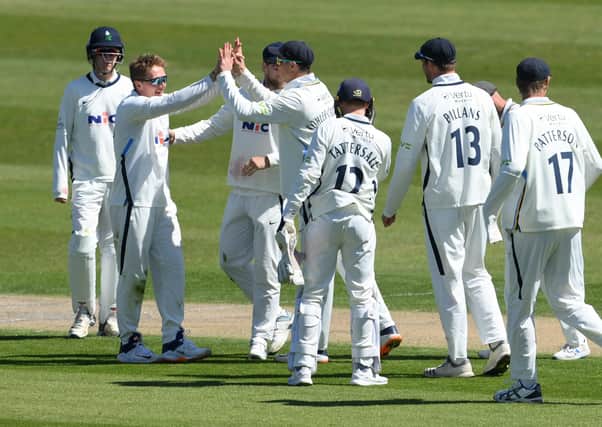 Yorkshire spinner Dom Bess, pictured second left, enjoyed second-innings figures of 6-53 to help the county complete an impressive County Championship victory over Sussex at Hove. Bess also picked up a wicket in the first innings. Picture: Mike Hewitt/Getty Images