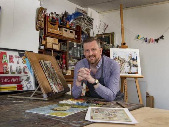 Darran Gray surrounded by his Arthur Seabrigg works at Arts Bloc in Morley. Picture: Tony Johnson.