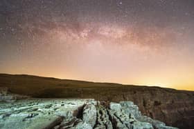 Bruce Rollinson's image of the Milky Way above Malham Cove in the Yorkshire Dales. Technical details: Nikon D6, 14mm f2.8 Nikkor,  20sec @ f2.8, 5000 iso.