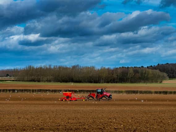 A farmer using an agriculture tractor sowing seeds on prepare land near Hazlewood Castle, Tadcaster. Picture: James Hardisty.