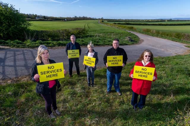 Residents from Kirby Hill and members of RAMS - Residents Against Motorway Services action group (left to right) Pam Thirkell, Steve and Jayne Cove, Gareth, and Judith Owens. Picture: James Hardisty