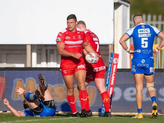 Hull KR's Ryan Hall after scoring his 200th Super League try against former club Leeds Rhinos. (ALLAN MCKENZIE/SWPIX)